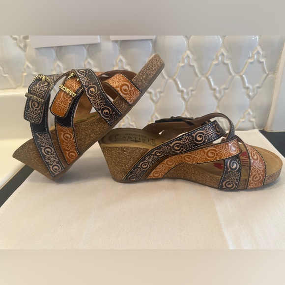 L’Artiste Women's Navy and Mustard Yellow Cork Wedge Sandals - Picture 1 of 8